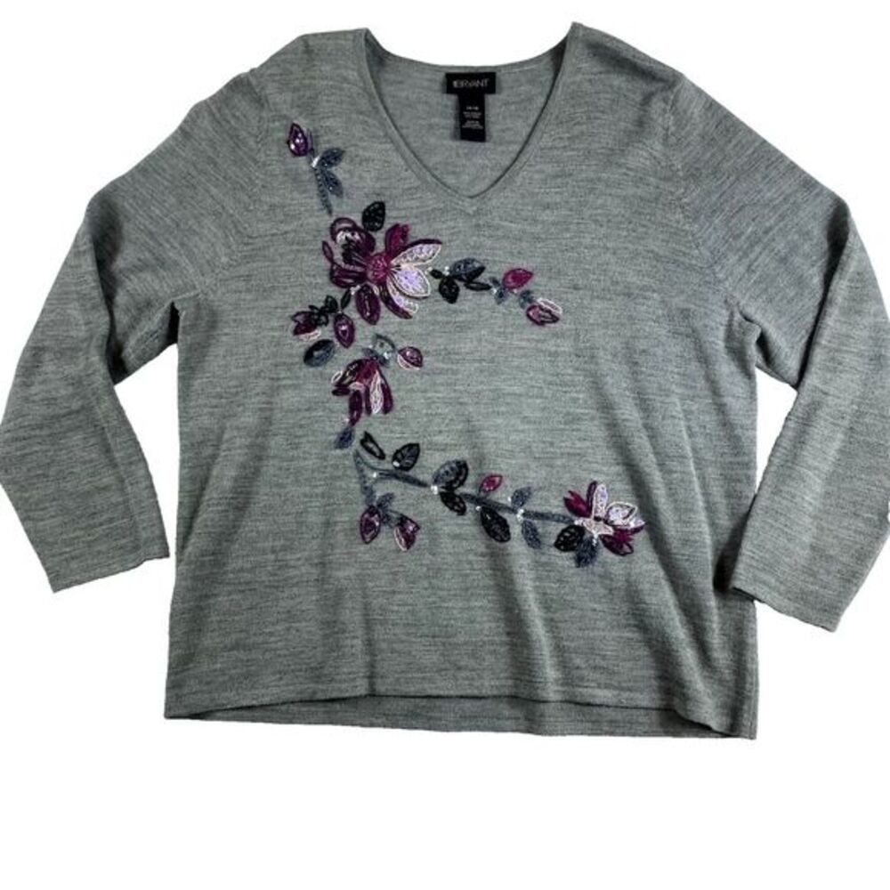 2/$30 Lane Bryant Knit Sweater Sz 14/16 Grey Wool Blend Embroidered Floral‎